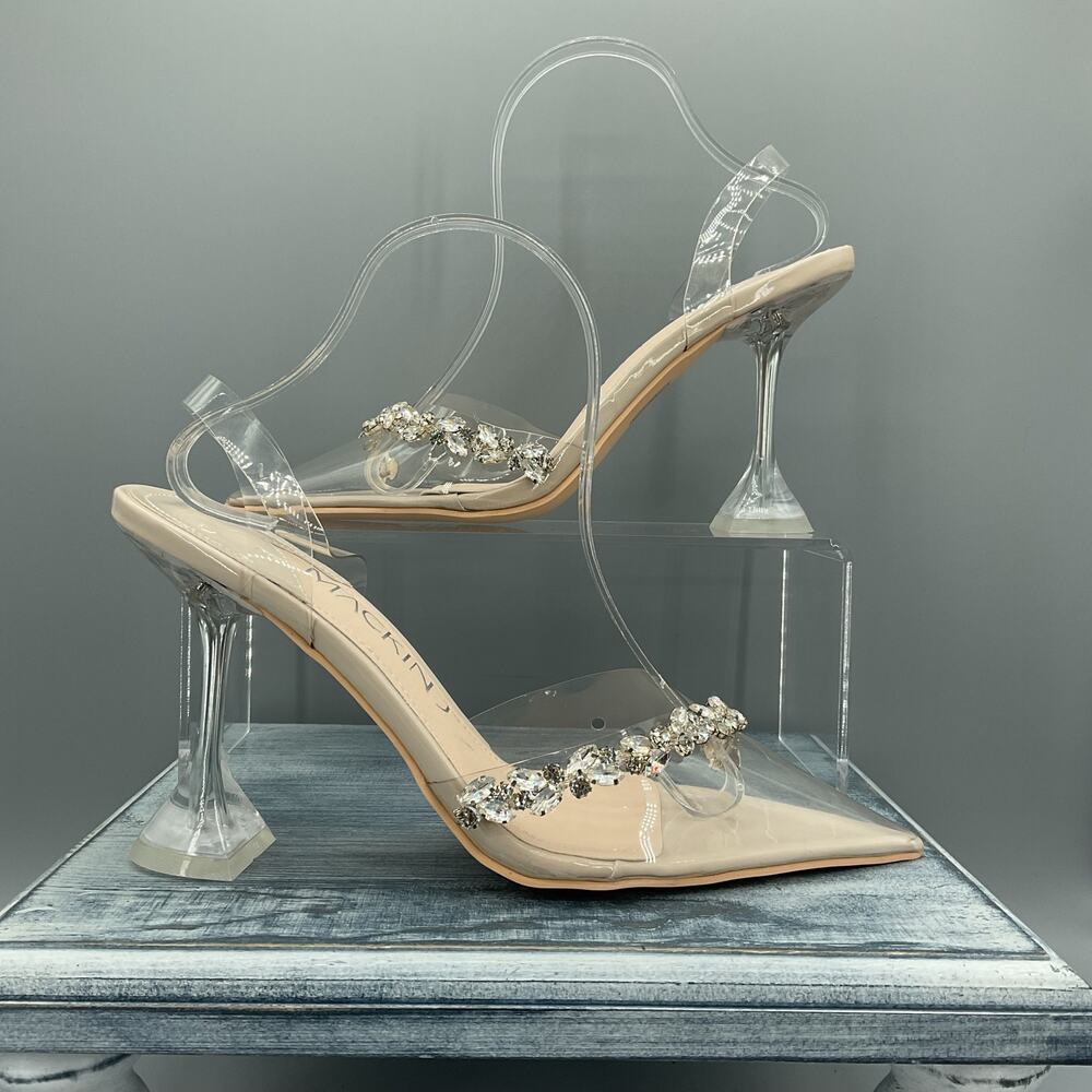 NEW Mackin J Women’s Rhinestone Clear Heel Dress Shoes Beige Size 10